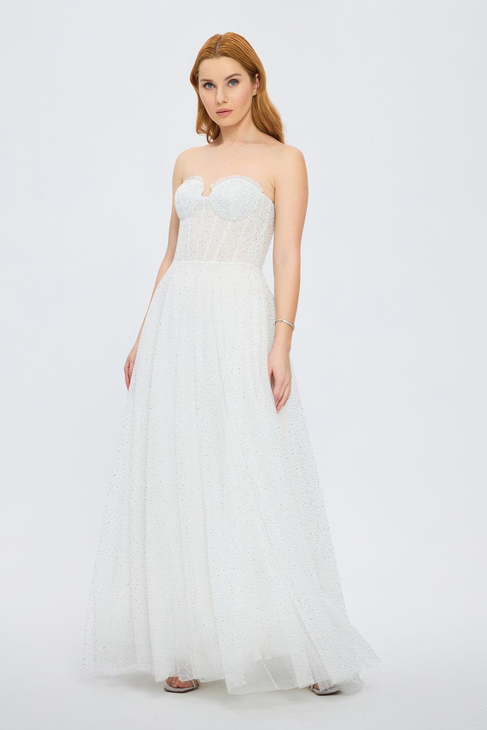 Silvery Fabric Princess Cut Long Evening Dress - 5006C