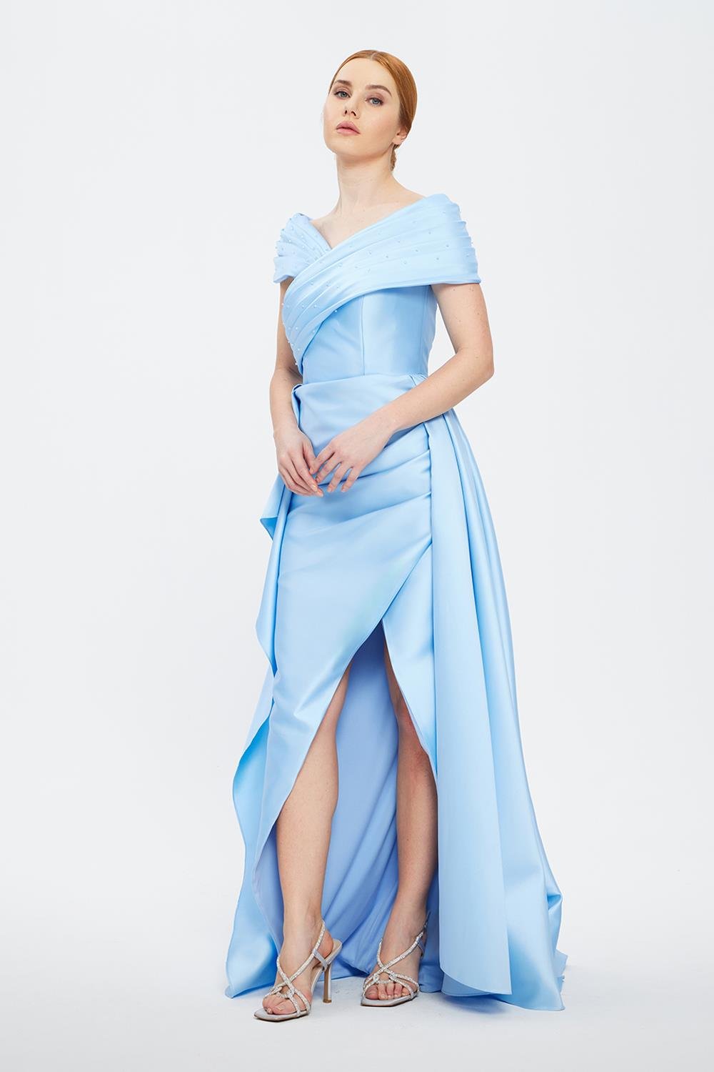 CENGIZ AKTURK Taş İşlemeli Yırtmaçlı Uzun Abiye Elbise - 1030C