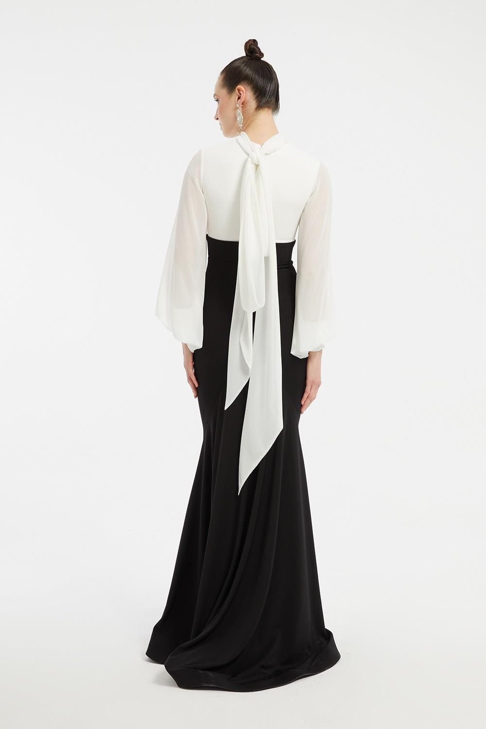 Transparan Uzun Kollu Hakim Yaka Balık Kesim Uzun Abiye Elbise