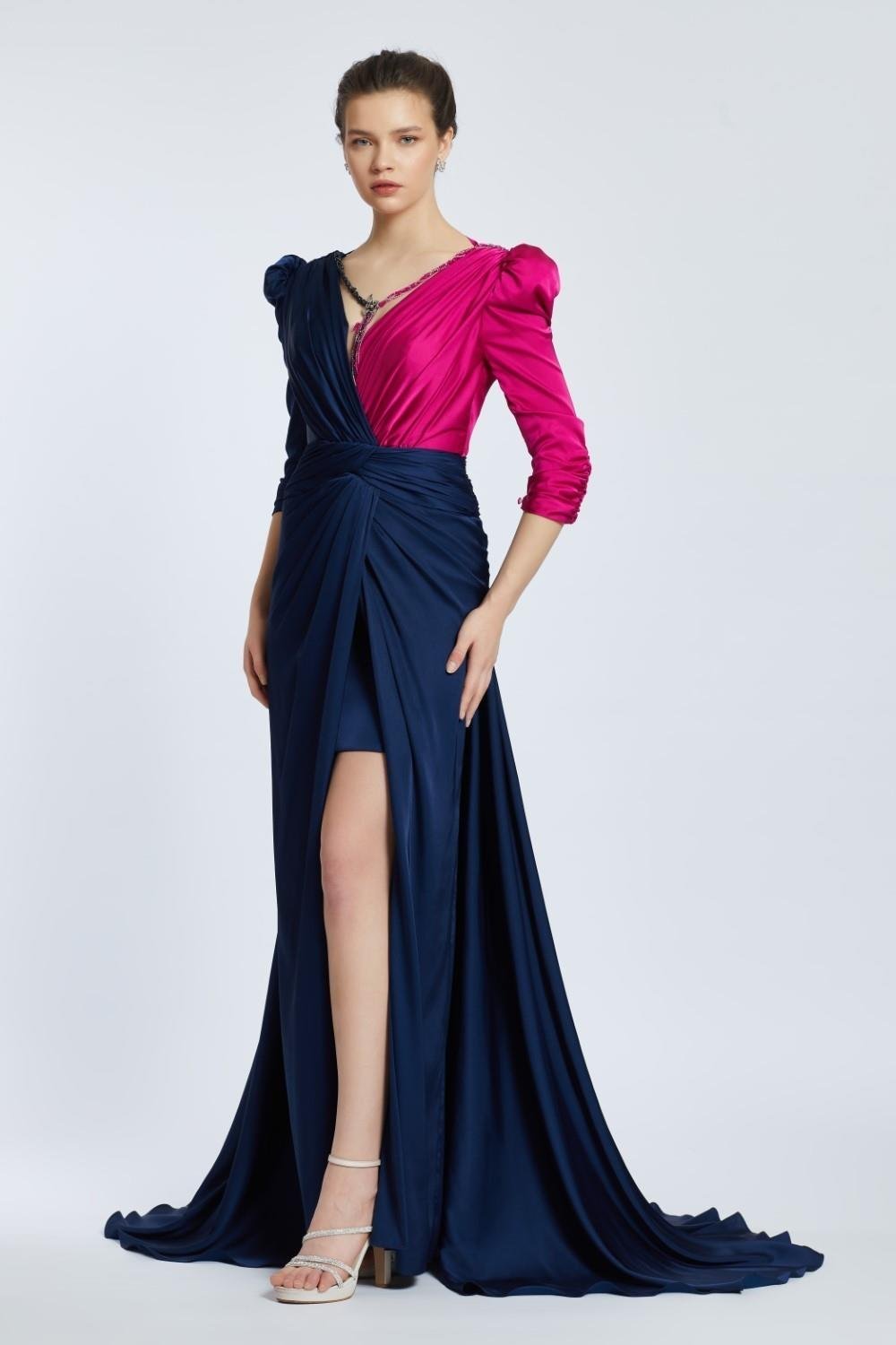 Çift Renk Drapeli Uzun Abiye Elbise - Lacivert - Fuşya