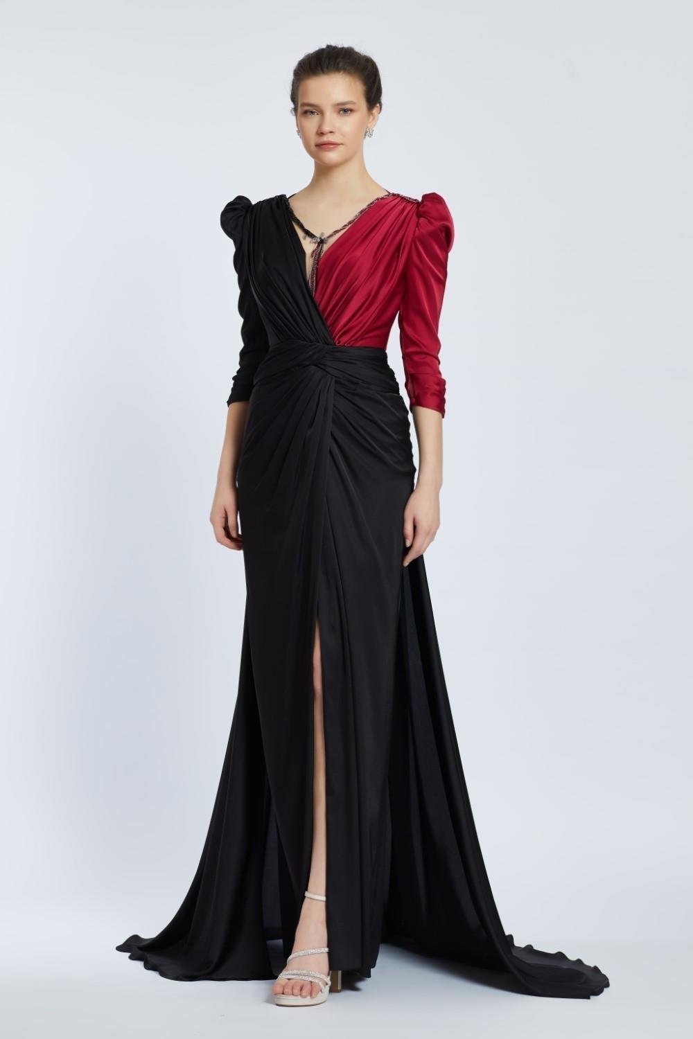 Çift Renk Drapeli Uzun Abiye Elbise - Siyah - Vişne