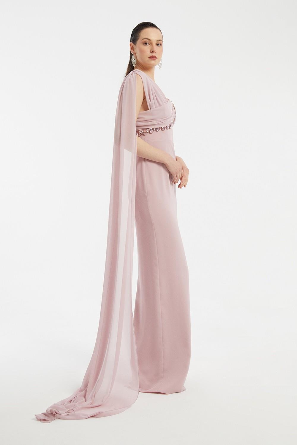 Askılı Düz Yaka Prenses Kesim Uzun Abiye Elbise PUDRA