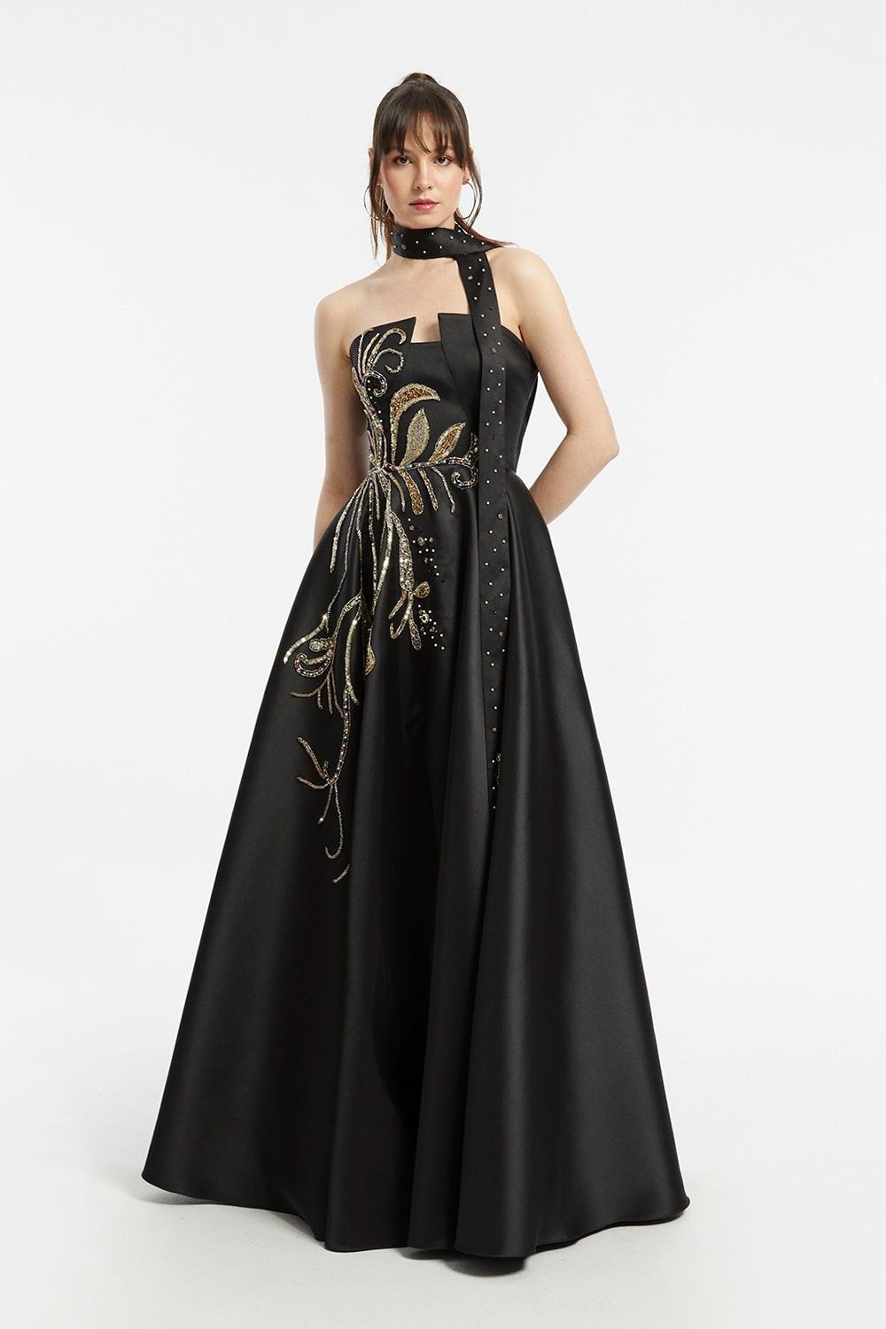 Embrodiered Decollete Long Evening Dress - 5033C