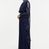 Taş İşlemeli Laklı Şifon Uzun Abiye Elbise 