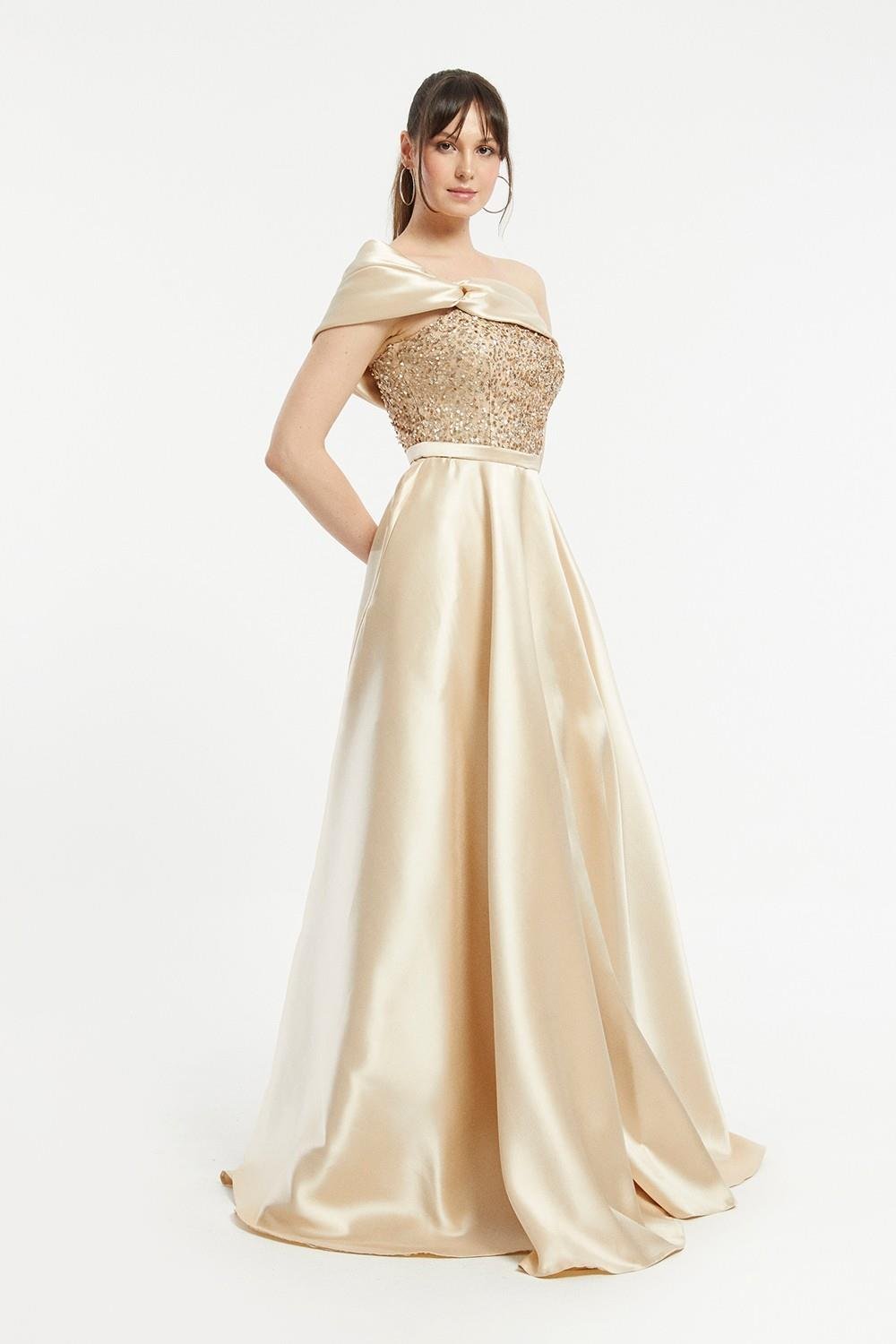 Tek Omuz Payet Detaylı Ziberlin Uzun Abiye Elbise