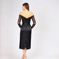 Transparan Kol Detaylı Saten Midi Abiye Elbise - 
