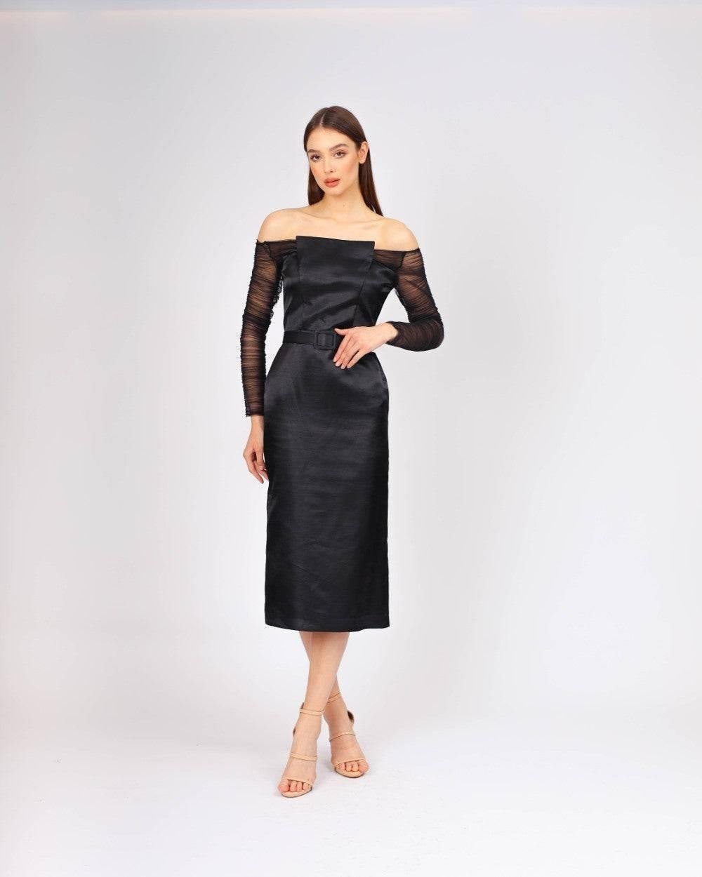 Transparan Kol Detaylı Saten Midi Abiye Elbise - 