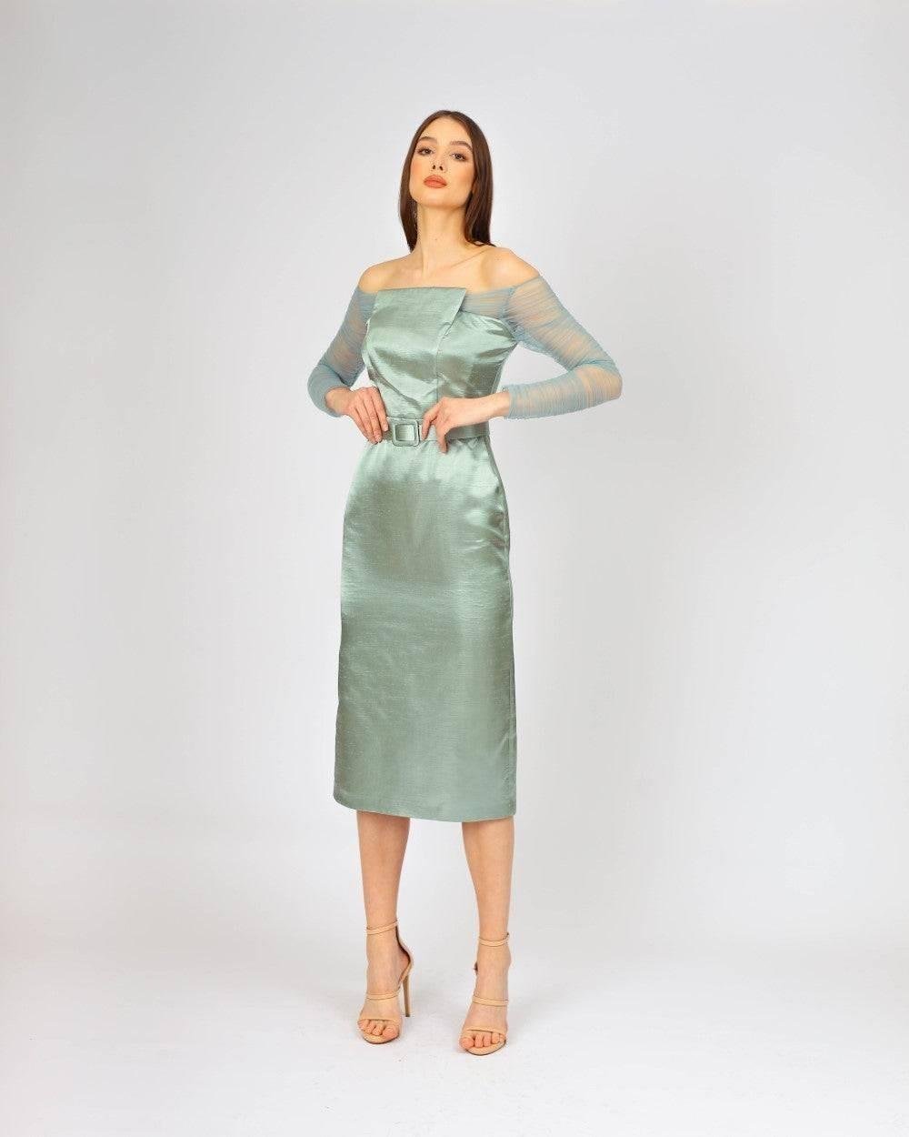 Transparan Kol Detaylı Saten Midi Abiye Elbise - KOYU YEŞİL