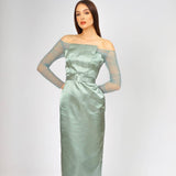 Transparan Kol Detaylı Saten Midi Abiye Elbise 