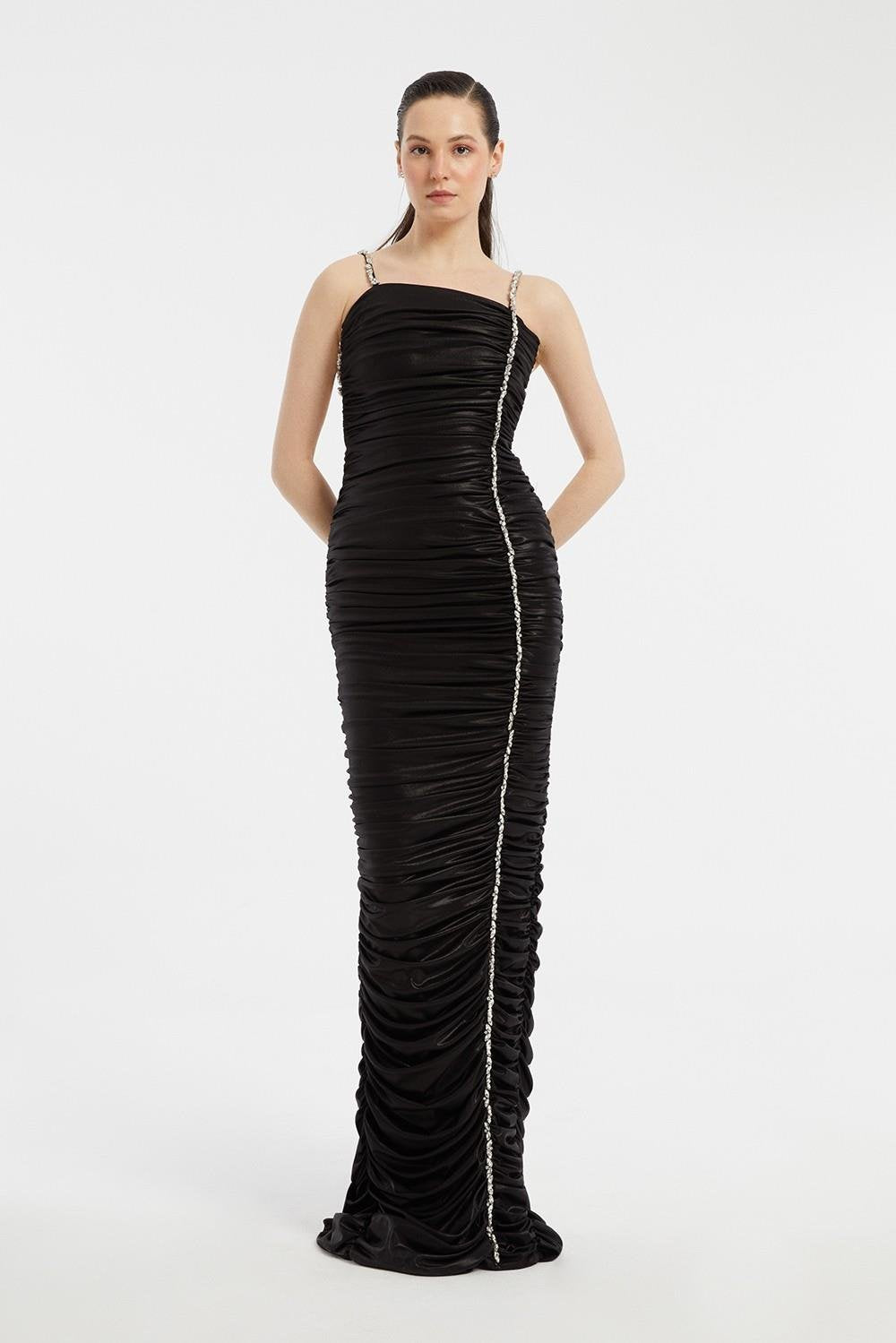 Rhinestone Embroidered Strappy Draped Long Evening Dress - 3017C