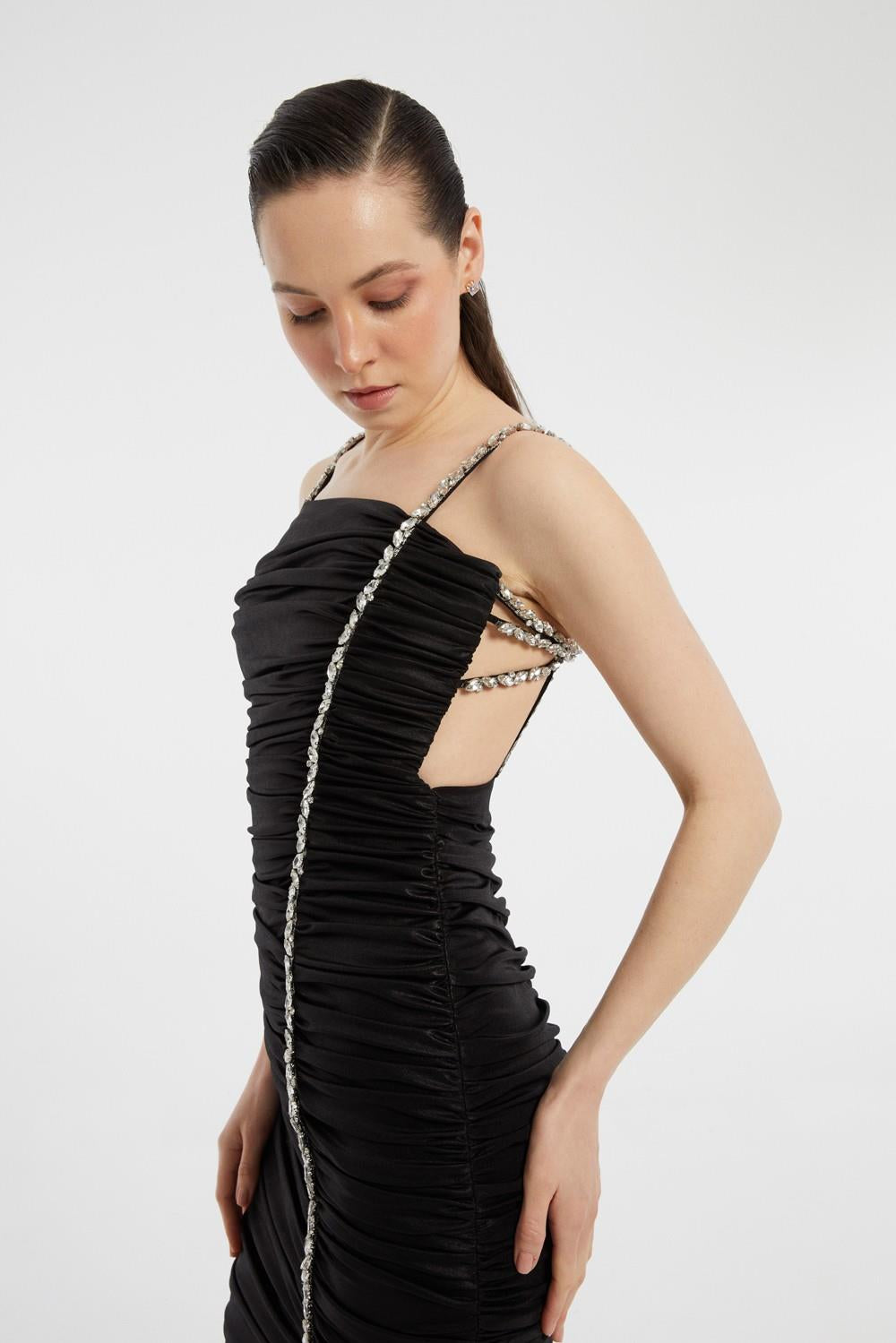 Rhinestone Embroidered Strappy Draped Long Evening Dress - 3017C