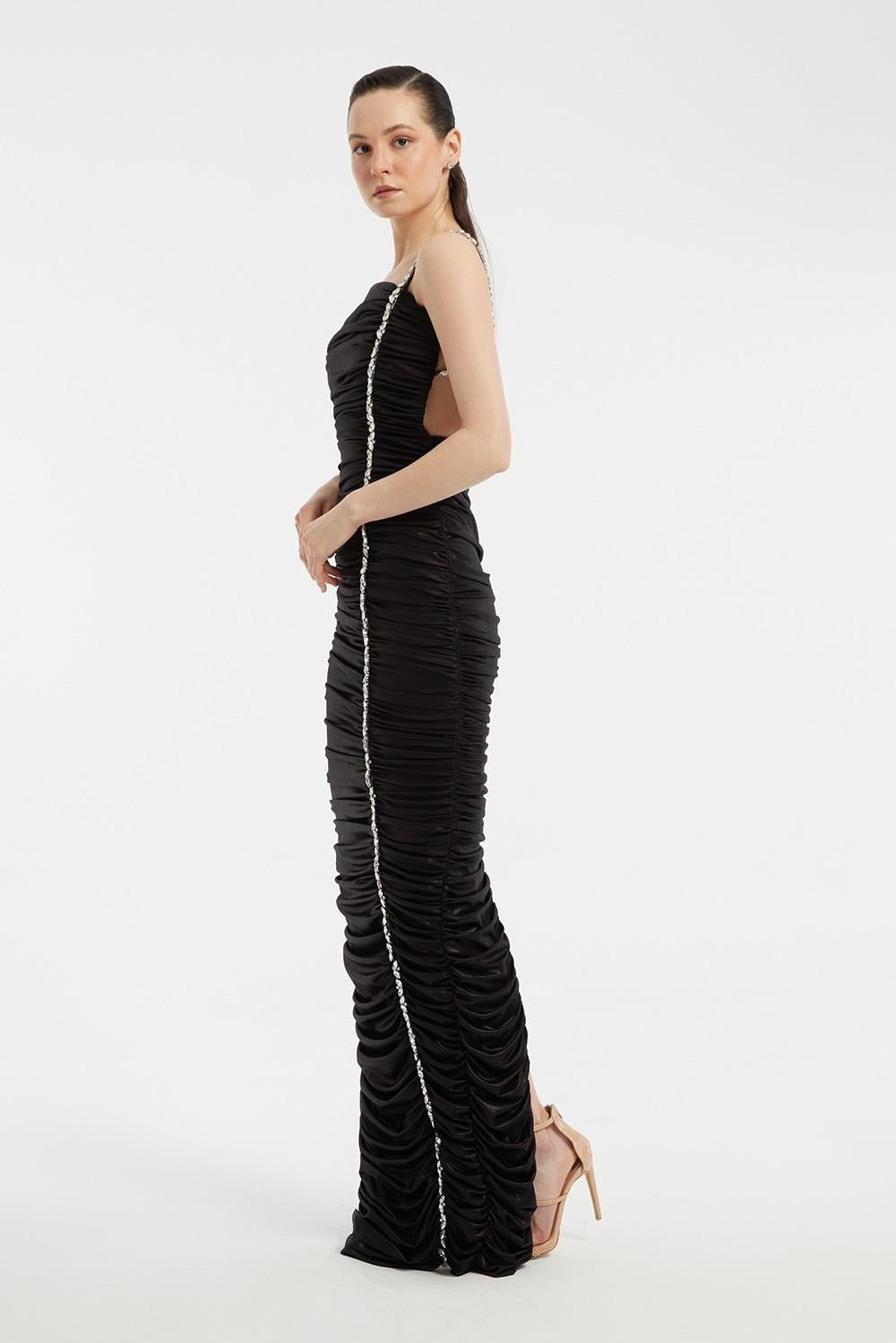 Rhinestone Embroidered Strappy Draped Long Evening Dress - 3017C