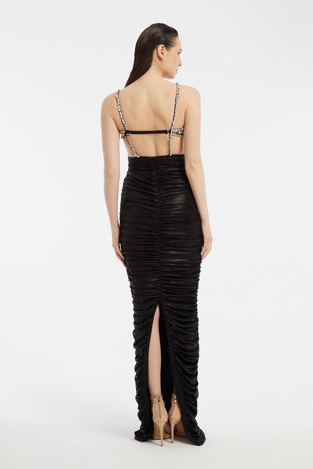 Rhinestone Embroidered Strappy Draped Long Evening Dress - 3017C