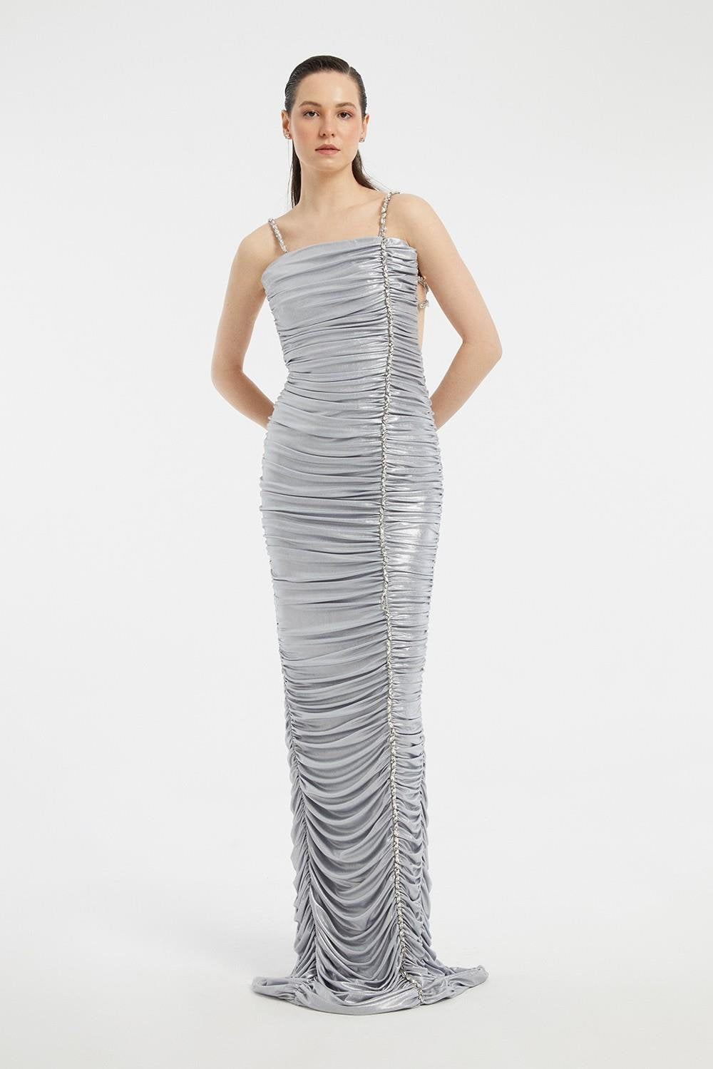 Rhinestone Embroidered Strappy Draped Long Evening Dress - 3017C