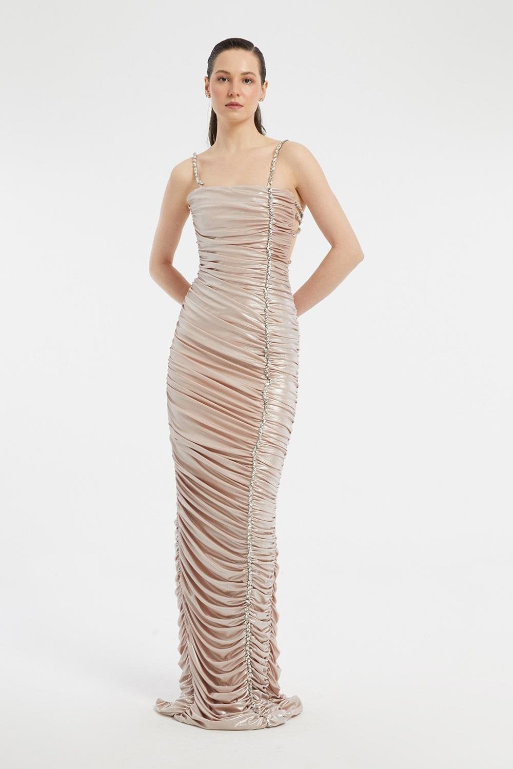 Rhinestone Embroidered Strappy Draped Long Evening Dress - 3017C