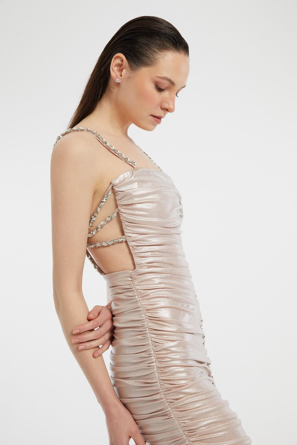 Rhinestone Embroidered Strappy Draped Long Evening Dress - 3017C