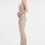 Rhinestone Embroidered Strappy Draped Long Evening Dress - 3017C