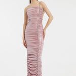Rhinestone Embroidered Strappy Draped Long Evening Dress - 3017C