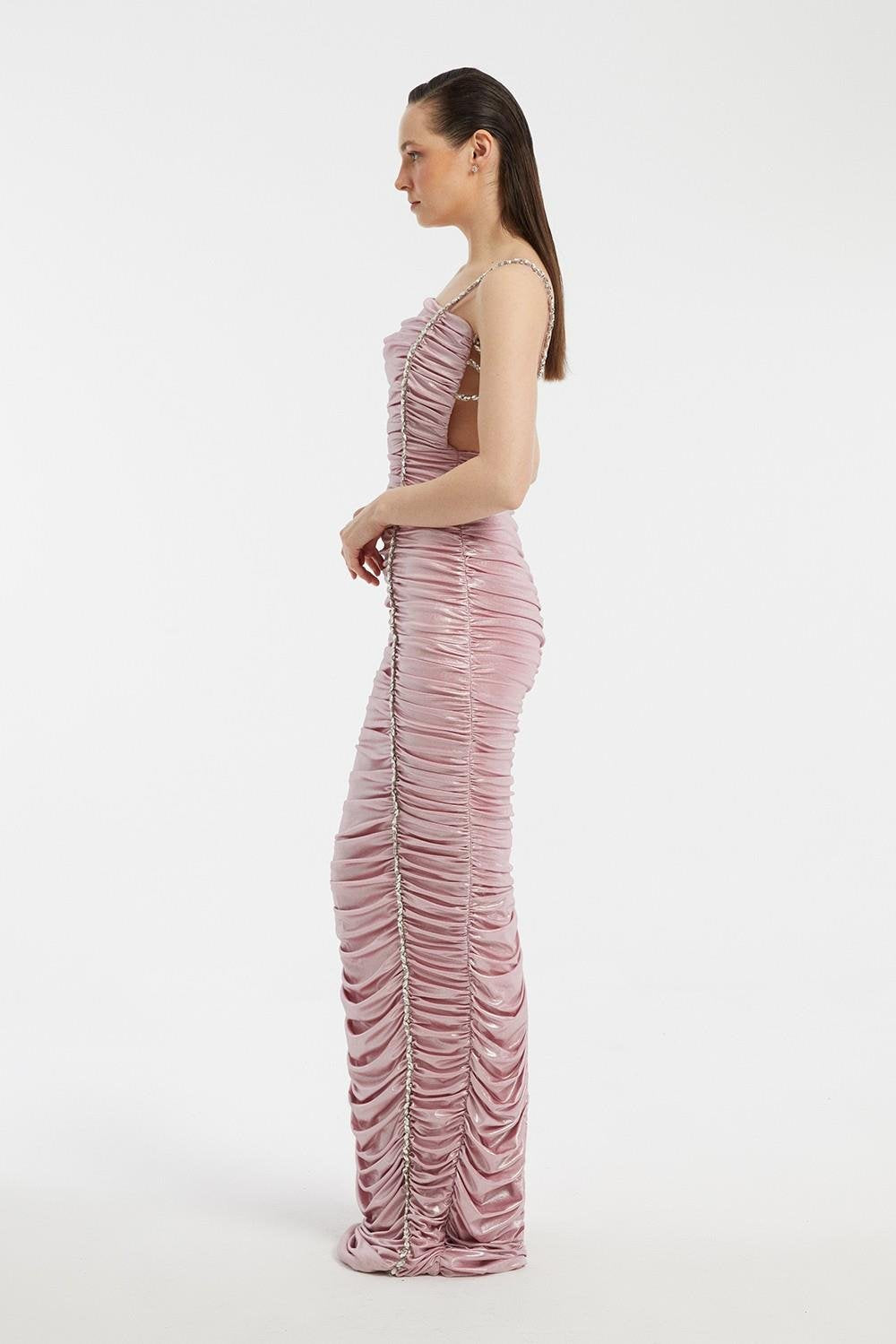 Rhinestone Embroidered Strappy Draped Long Evening Dress - 3017C