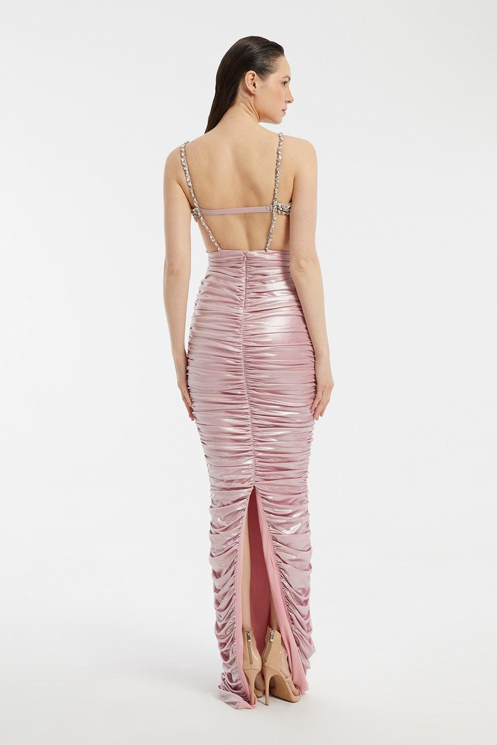 Rhinestone Embroidered Strappy Draped Long Evening Dress - 3017C