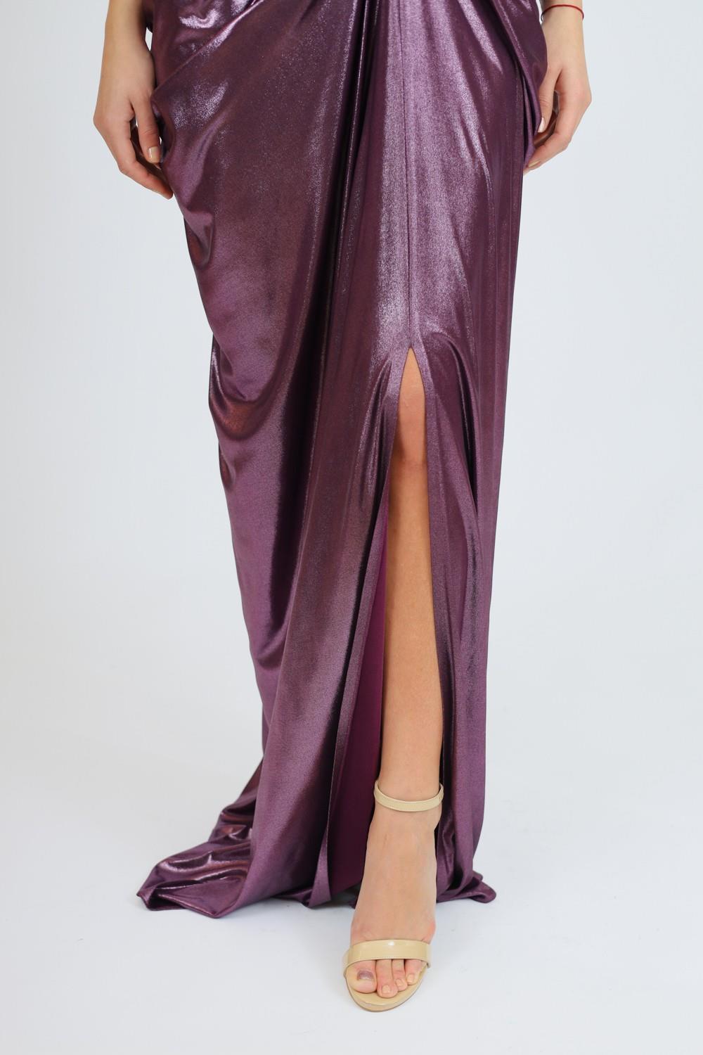 Uzun Kollu Taş İşlemeli Drapeli Uzun Abiye Elbise 